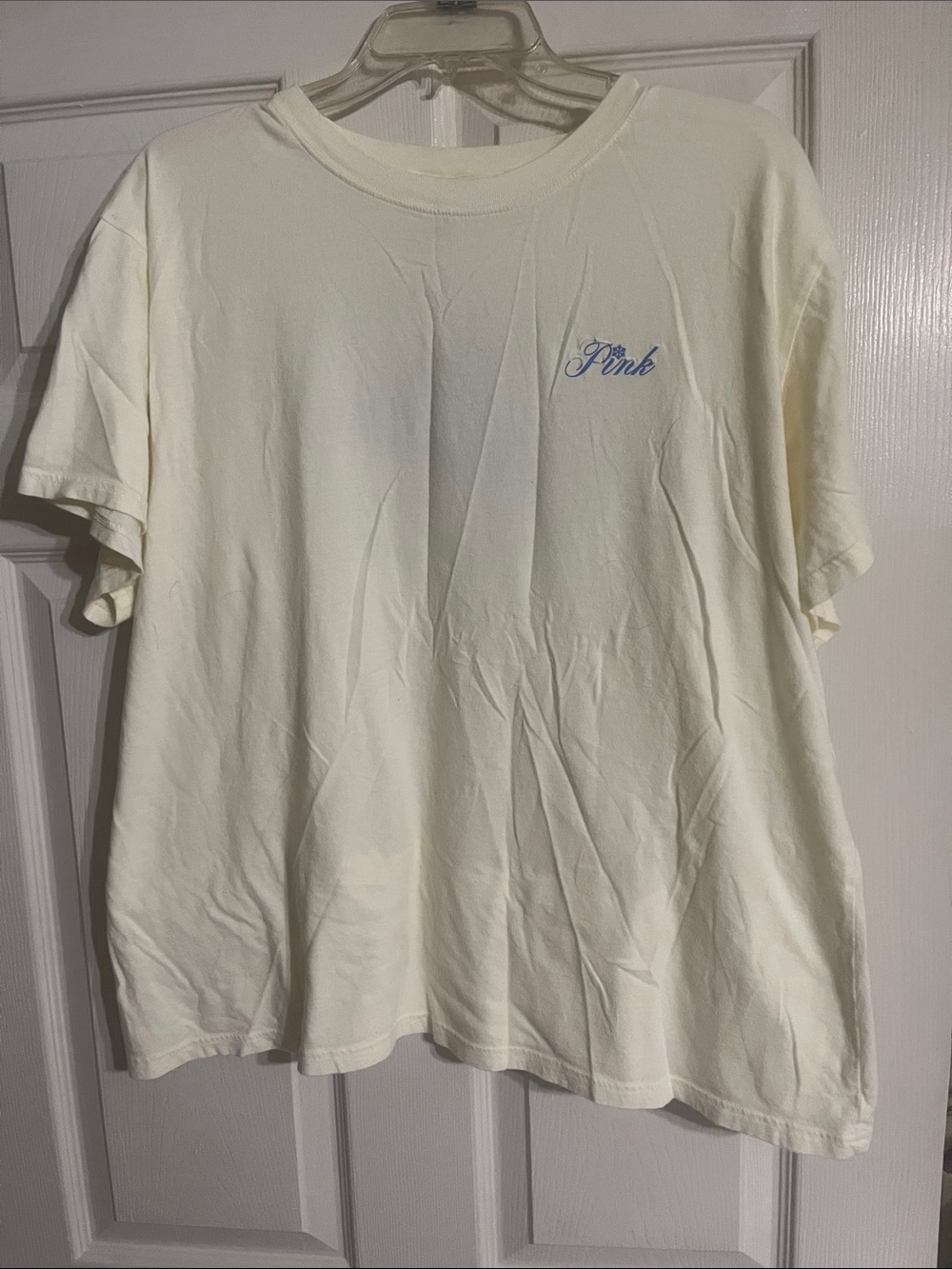 PINK Victoria's Secret Cream Short Sleeve Tee with Light Blue Script